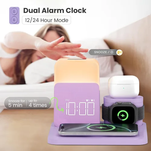 Miniatura 3 de Estación de carga inalámbrica, soporte de carga inalámbrica 7 en 1 con reloj de alarma dual, base de carga para iPhone Púrpura