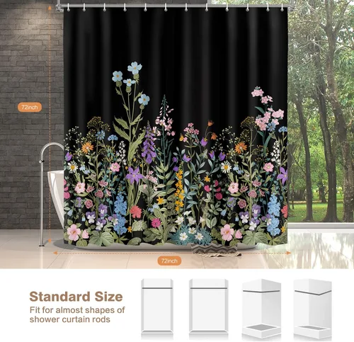 Miniatura 2 de Cortina de ducha Lalumix negra floral, cortinas de ducha con flores para baño con 12 ganchos, juegos de cortinas de ducha de tela de poliéster