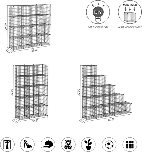 Miniatura 3 de C&AHOME Almacenamiento de cubos de alambre, organizador de 16 cubos de almacenamiento de rejillas metálicas, estantes de almacenamiento, estantería