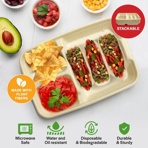 Miniatura 3 de Platos de taco de 3 tacos y 2 lados, platos de papel desechables con divisores – Paquete de 50 Bandeja de tacos para fiesta, soporte de tacos