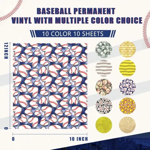 Miniatura 2 de Tintnut Vinilo permanente de béisbol, 10 hojas de 12 x 10 pulgadas, láminas de vinilo adhesivo permanente con patrón deportivo, a prueba de agua