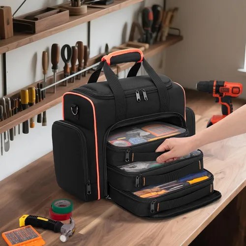 Miniatura 6 de Bolsa de herramientas Marscamd con 3 estuches extraíbles, bolsa de herramientas de 2 capas para herramientas manuales, negra con ribete rojo Negro