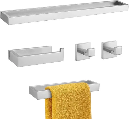 Miniatura 12 de Juego de accesorios de baño de 4 piezas, toallero, toallero, gancho para bata, soporte para papel higiénico, acero inoxidable, Q8-P4BR Níquel