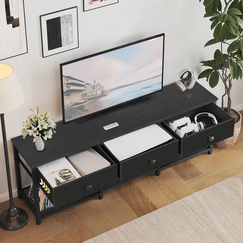 Miniatura 4 de YATINEY Soporte de TV con 3 cajones de tela para TV de hasta 50 pulgadas, consola multimedia industrial de 47.2 pulgadas, centro de entretenimiento