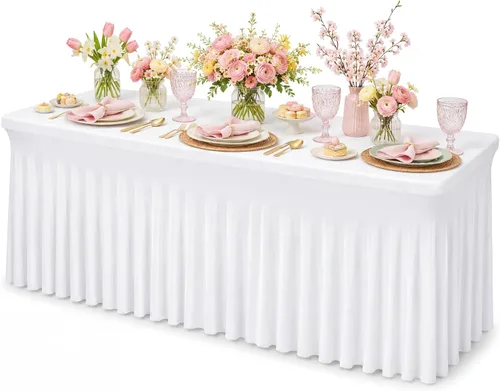 Miniatura 8 de Fixwal Paquete de 2 manteles de elastano negro para mesa rectangular de 4 pies, falda de mesa para fiesta, espectáculo, boda y cumpleaños