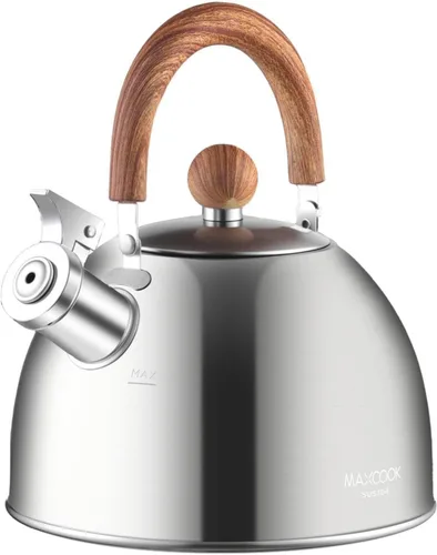 Miniatura 11 de Hervidor de té de acero inoxidable 18/8 para estufa (2L / 2.1 cuartos, tetera silbante, mango de madera) - Plateado