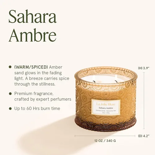 Miniatura 5 de LA JOLIE MUSE Vela Sahara Amber – Bergamota, clavo y ámbar Vela de cera de soja grande de 12 onzas con 2 mechas 60 horas de combustión limpia