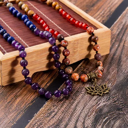 Miniatura 5 de Bivei 7 Chakra 108 Mala Beads Bracelet Real Gemstone Yoga Meditation Hand Knotted Mala Prayer Bead Necklace