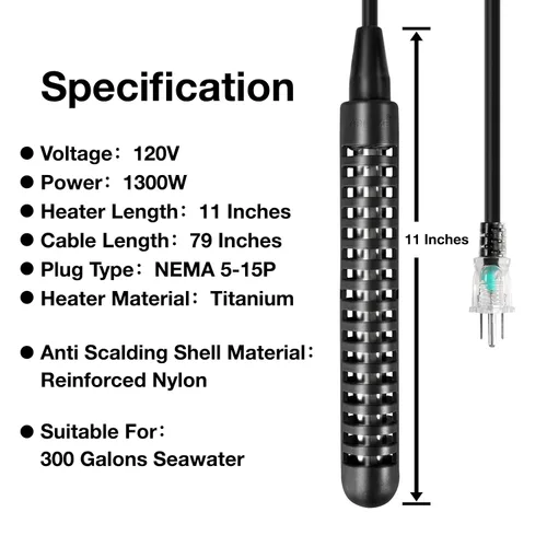 Miniatura 2 de GRILLME Calentador de Agua de Inmersión Eléctrico Portátil Totalmente Sumergible de Titanio de 1300W, Calentador de Agua de Cubo, Calentador de Agua