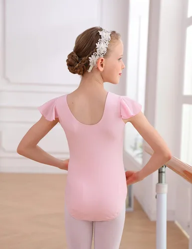 Miniatura 4 de Domusgo Leotardos de gimnasia de ballet con mangas con volantes para niñas y adolescentes, color rosa, negro y morado, Púrpura