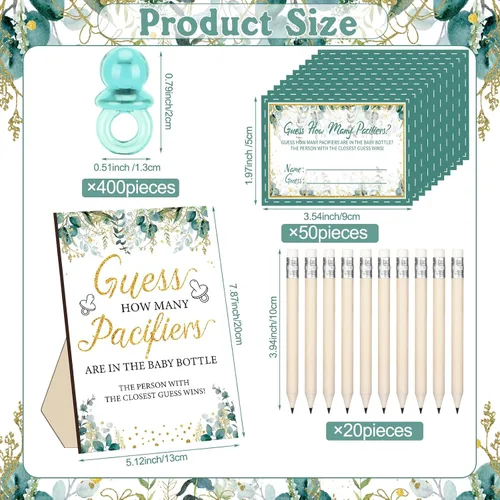 Miniatura 3 de Syhood Greenery Baby Shower Games Guess How Many Pacifiers Sage Game Signal, 50 pequeños juegos de adivinanzas, 20 lápices HB, botella de leche