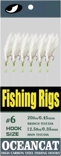 Miniatura 2 de OceanCat 10 paquetes de 6 ganchos/juego de plataformas de cebo de agua salada, gancho de cuerda de piel de pez de plumas blancas para pesca de agua