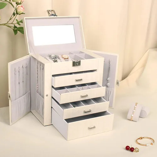 Miniatura 7 de FEIYAN Joyero para mujer de 5 capas de cuero organizador de joyas con cajonesespejo caja de joyería blanca grande para collares anillos aretes