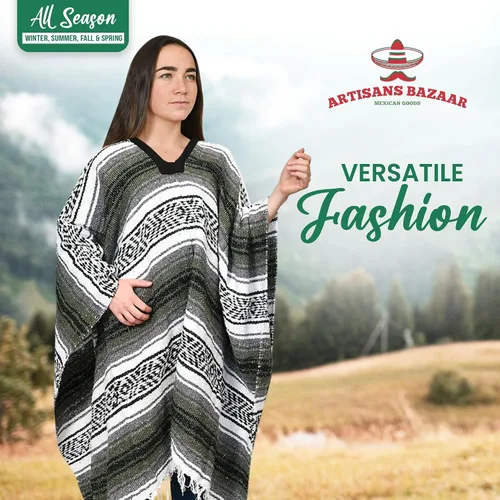 Miniatura 127 de Artisans Bazaar Poncho tradicional mexicano de Baja para hombres y mujeres, auténtico sarape de Gaban, manta de vaquero Pancho Jorongo