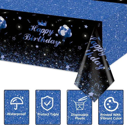 Miniatura 7 de 4 Pcs Happy Birthday Black and Blue Party Tablecloths - Blue Black Party Decorations Plastic Tablecloth Rectangular Table Covers for Boy Girl Baby