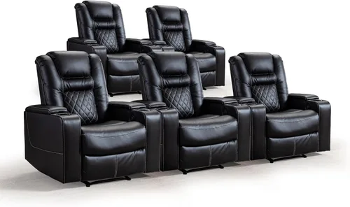 Miniatura 15 de CANMOV Silla reclinable eléctrica con puertos USB y portavasos, asiento de cine en casa de cuero transpirable con almacenamiento oculto en el brazo
