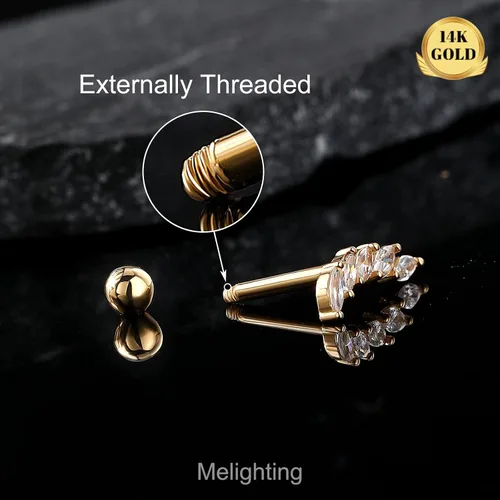 Miniatura 5 de Melighting Aretes de oro macizo de 14 quilates, 0.56 oz, joyería de piercing Tragus de oro transparente con circonita cúbica curvada para cartílago