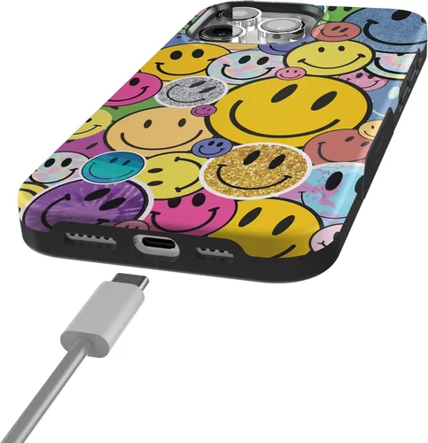 Miniatura 2 de Funda Casely para iPhone 15 Pro Max Todas las sonrisas Adhesivo de cara sonriente Compatible con MagSafe Diseño protector audaz