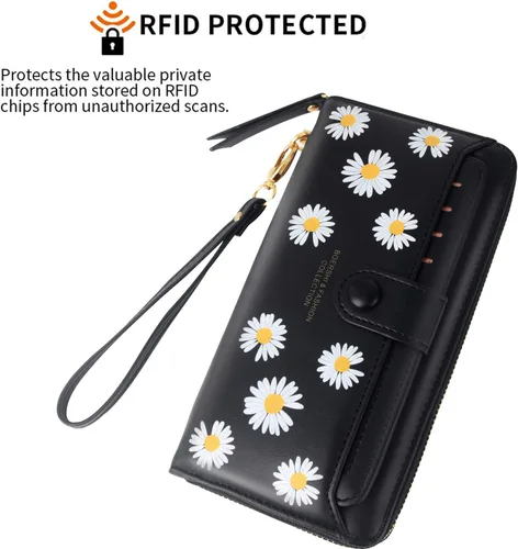Miniatura 6 de Cartera de cuero para mujer, con bloqueo RFID, bolsillo con cremallera, tarjetero con ventana de identificación