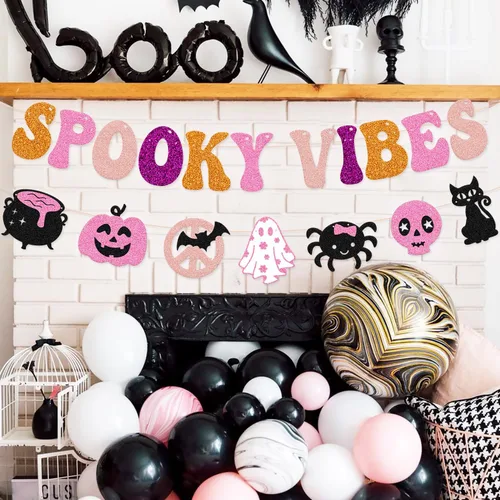 Miniatura 7 de Pancarta de Halloween espeluznante decoración espeluznante hippie guirnalda de Halloween groovy retro fantasma murciélagos araña, gatos, calavera