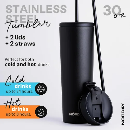 Miniatura 3 de NORDAY Vaso con tapa y popote – Bloom 30oz – Vaso aislado negro – Vaso de acero inoxidable – Taza de café de doble pared – Mantiene la temperatura