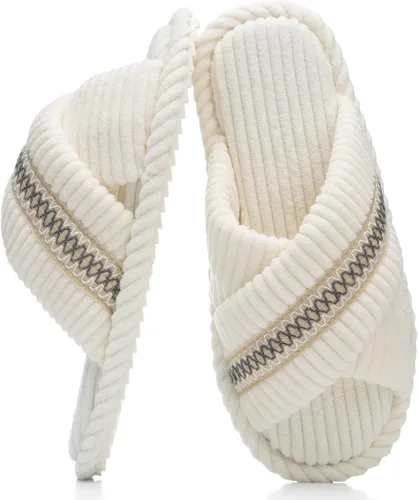 Miniatura 20 de GOEWY - Pantuflas para mujer con espuma viscoelástica para el hogar, con entretejido de pana, tiras cruzadas, con punta abierta, sandalias cómodas