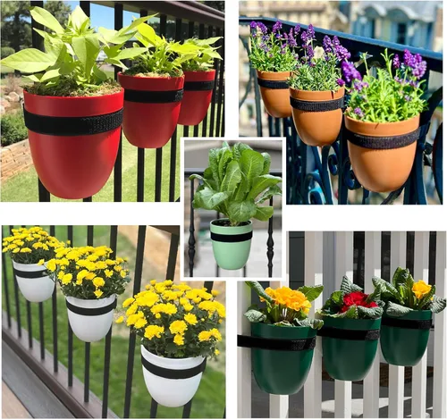 Miniatura 2 de Maceta de barandilla para plantas al aire libre (6 pulgadas, paquete de 3) Maceta colgante para barandillas, postes de valla Maceta de pared
