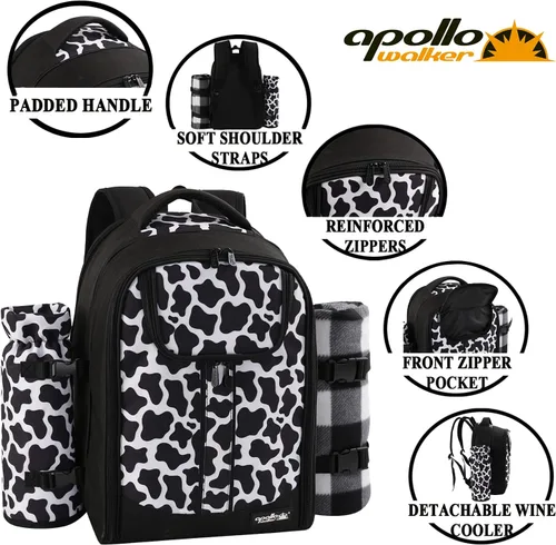 Miniatura 6 de apollo walker - Mochila para picnic para 2 personas con compartimento refrigerado, soporte desmontable para botella/vino, manta de forro polar