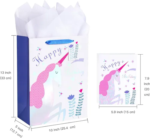 Miniatura 2 de WRAPAHOLIC Bolsa de regalo de cumpleaños grande de 13 pulgadas con tarjeta y papel de seda, adorable unicornio con lámina plateada holográfica