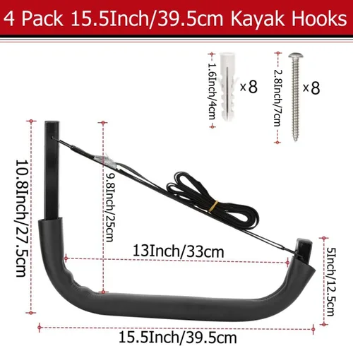 Miniatura 2 de Ganchos de almacenamiento para kayak, para montaje en pared, estante de canoa para garaje, para kayaks o tablas de remo, estante de pared resistente