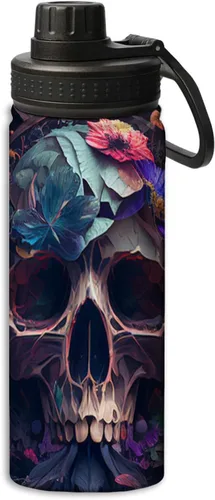 OOZ Calavera y flores patrón 18 oz deportes aislados botellas de agua de acero inoxidable para correr, senderismo, ciclismo, escalada, negro Negro 8