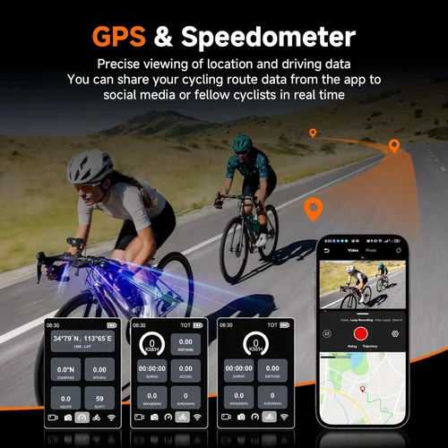 Miniatura 5 de SVBONY Cámara de bicicleta con pantalla inteligente, cámara de acción 4K60fps con rastreador GPS, velocímetro/odómetro, antivibración, luces