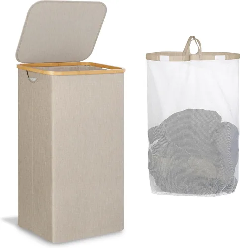 Miniatura 16 de iEGrow - Canasta de lavandería de 150 litros con tapa - Gran canasta de lavandería con asas de bambú, color gris, cestas para lavandería, cesta