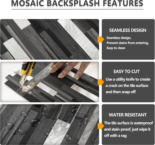 Miniatura 4 de STICKGOO 2 Hojas de Azulejos Adhesivos Despegables para Salpicadero, Azulejos Adhesivos para Salpicadero de Cocina y Baño, Aspecto de Madera Negro