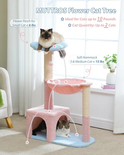 Miniatura 2 de MUTTROS Árbol de flores para gatos con hamaca grande de marco de metal, torre rosa para gatos de 35 pulgadas con postes rascadores de sisal