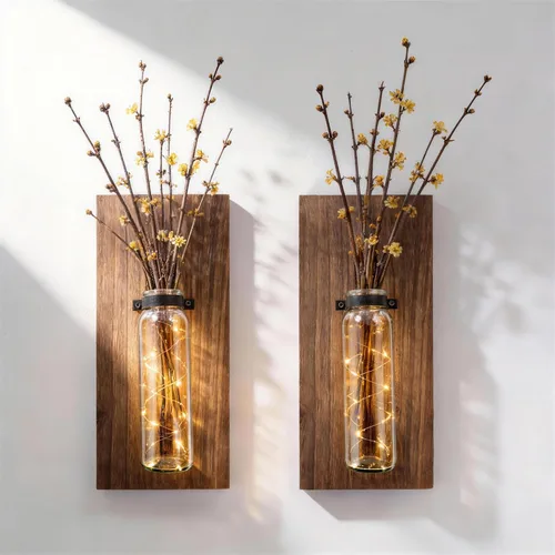 Miniatura 3 de Heiple Paquete de 2 apliques de pared de madera y vidrio, macetas de granja para plantas de interior, decoración rústica para sala de estar, jarrón