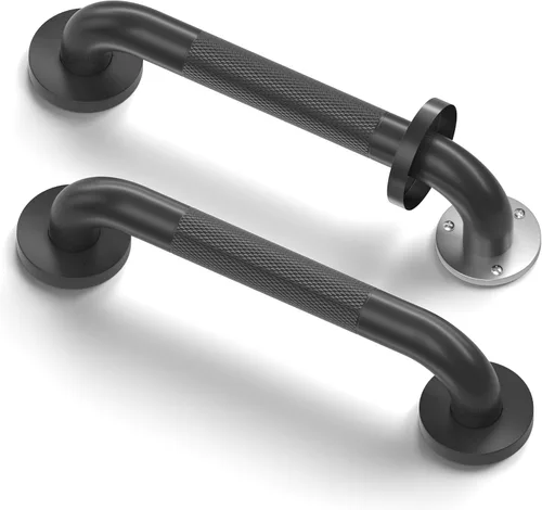 Barras de seguridad para baño de acero inoxidable (paquete de 2) de 12 pulgadas y 1.25 pulgadas de diámetro, moleteadas, color negro mate,