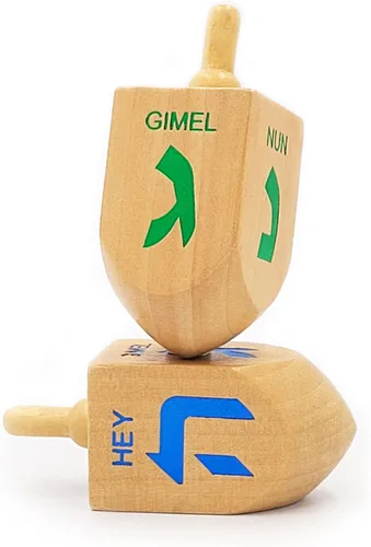 Miniatura 4 de The Dreidel Company Hanukkah Dreidel 4 Dreidels de madera extra grandes de 3 pulgadas pintados a mano, incluye tarjetas de instrucciones de juego