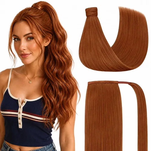 Ve Sunny Extensiones de cola de caballo con clip, extensiones de cabello humano Remy cobrizo, extensiones de cabello humano real para mujer, 16