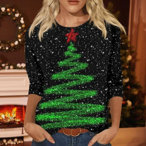 Miniatura 4 de Funny Christmas Shirts, Women's Fashion T-Shirt Round Neck Casual 34 Sleeve Tops Daily Casual Christmas Print Top