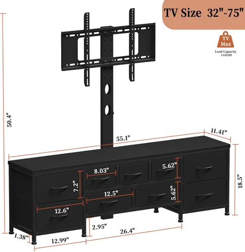 Miniatura 7 de Soporte de TV con soporte y 9 cajones de tela, soporte universal para TV de 32 a 75 pulgadas, centro de entretenimiento moderno, consola multimedia