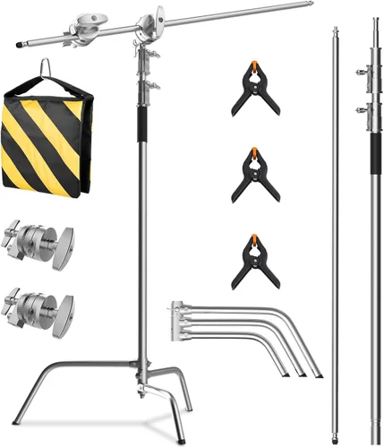 SH Soporte C con brazo de pluma, soporte de luz resistente para fotografía, kit de soporte en C de acero inoxidable de 10.8 pies con bolsa de arena,