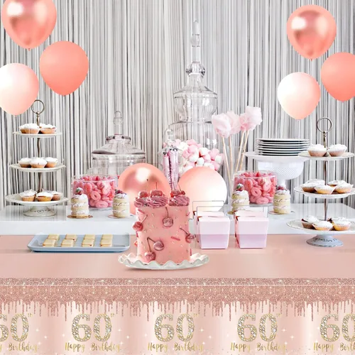 Miniatura 6 de Excelloon Paquete de 3 manteles para mesa de cumpleaños de 60 años, color rosa dorado y rosa, suministros para fiestas, mantel rectangular