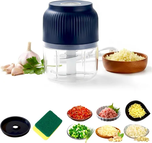 Picadora eléctrica de ajo de capacidad de 10.1 fl oz, mini cortador de verduras portátil, 4 cuchillas afiladas de acero inoxidable, mini picadora