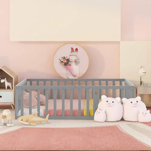 Miniatura 3 de SOFTSEA Cama de suelo con valla para niños pequeños, marco de cama de tamaño matrimonial bajo al suelo para niños pequeños, necesita primavera