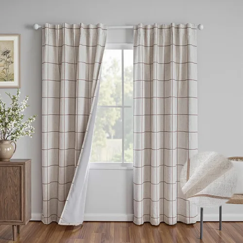 Miniatura 16 de MYSKY HOME Cortinas de Lino a Cuadros 100% Opacas de 45 Pulgadas de Largo de Doble Capa Estilo Granja con Aislamiento Térmico Estampado a Cuadros