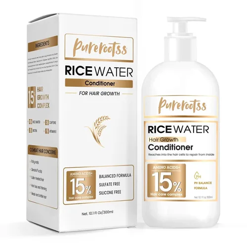 Acondicionador de agua de arroz para adelgazar el cabello con ingredientes naturales que incluyen biotina, queratina y cafeína, hombres y mujeres