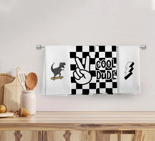 Miniatura 3 de Juego de 4 toallas de mano a cuadros modernos para niños, decoración de baño para niños, regalos de Dinasours, paños de cocina para cocina, paño