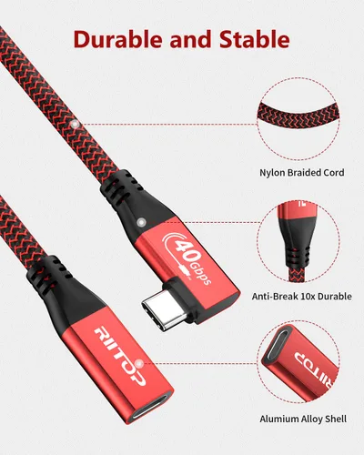 Miniatura 6 de RIITOP Cable de extensión USB4 de 40 Gbps [2.6 pies, en ángulo], USB tipo C 4.0 macho a hembra, cable en ángulo de 90 grados, compatible