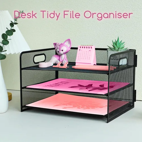Miniatura 6 de Organizador de 3 niveles con asa, organizador de archivos de escritorio de malla metálica con bandejas deslizantes, escritorio clasificador de papel